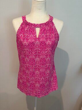NWOT Jude Connally Claire Halter Top Hot Pink Herringbone Keyhole Blouse Sz M